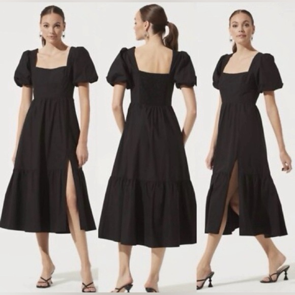Astr Dresses & Skirts - ASTR the label Square neck poplin tiered puff sleeve midi dress black XL